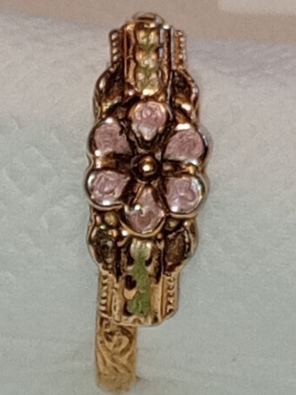 Ring Gold Floral Enamel Cluster Ring Victorian Style with Pink Petal Accents - Picture 10 of 13